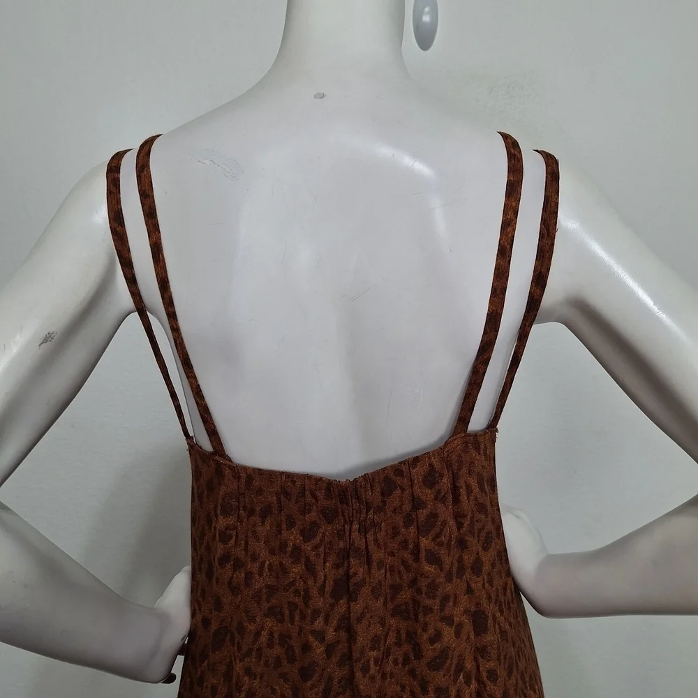 Brown Giraffe Animal Print Linen Boho Bohemian W/Pocket Sleeveless Maxi Dress - Picture 7 of 8